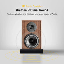 Load image into Gallery viewer, a speaker on a stand with text: 'Sonic Acoustics Creates Optimal Sound Reduces Vibration and Eliminate Unwanted Levels of Audio'