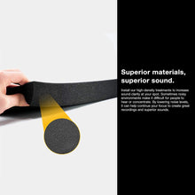 Load image into Gallery viewer, a hand holding a black foam roll with text: 'Superior materials, superior sound. Install our high-density treatments to increase sound clarity at your spot. Sometimes noisy environments make it difficult for people to hear or concentrate. By lowering noise levels, it can help continue your focus to create great recordings and superior sounds.'