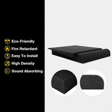 Load image into Gallery viewer, a black foam pad with yellow text with text: 'Eco-Friendly Fire Retardant Easy To Install High Density Sound Absorbing'