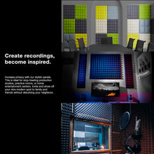 Load image into Gallery viewer, a collage of a room with a mirror and microphone with text: 'Create recordings, become inspired. Increase privacy with our stylish panels This is ideal for stop-treating production studios, practice rooms, or home entertainment centers. Invite and show off your nice modern spot to family and friends without disturbing your neighbors.'
