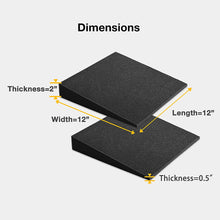 Load image into Gallery viewer, a black rectangular object with measurements with text: 'Dimensions Thickness=2" Width=12" Length=12" Thickness=0.5"'