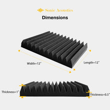 Load image into Gallery viewer, a black sound proofing foam with text: 'Sonic Acoustics Dimensions Width=12" Length=12" Thickness=1" Thickness=0.5'