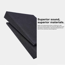 Load image into Gallery viewer, a black foam material with white text with text: 'Superior sound, superior materials. Made up of polyurethane foam at 50/lbs per cubic yard, our acoustic panels not only have effective sound absorption characteristics, they were designed by our team of eco conscious sound engineers.'