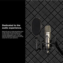 Load image into Gallery viewer, a microphone and a microphone on a stand with text: 'Dedicated to the audio experience. Made with easy-to-install polyurethane foam to help improve the sound output of your in-home studio or home. This will help minimize reverberation, echo, or any other harsh by-products of sound so you can stay locked into the audio experience.'