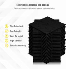 Load image into Gallery viewer, a stack of black tiles with text: 'Environment Friendly and Healthy Reduces noise and echos and improve room aesthetics Fire Retardant Eco-Friendly Easy To Install High Density Sound Absorbing'
