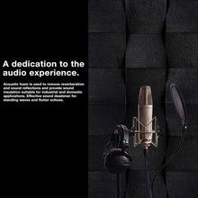 Load image into Gallery viewer, a microphone and headphones in front of a black background with text: 'A dedication to the audio experience. Acoustic foam is used to remove reverberation and sound reflections and provide sound insulation suitable for industrial and domestic applications. Effective sound deadener for standing waves and flutter echoes.'