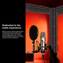 Load image into Gallery viewer, a microphone in a room with text: 'Dedicated to the audio experience. Made with easy-to-install polyurethane foam to help improve the sound output of your in-home studio or home. This will help minimize reverberation, echo, or any other harsh by-products of sound so you can stay locked into the audio experience.'