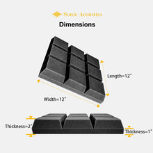 Load image into Gallery viewer, a diagram of a soundproofing device with text: 'Sonic Acoustics Dimensions Length=12" = = = Width=12" Thickness=2" Thickness=1"'