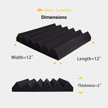 Load image into Gallery viewer, a black foam pyramids with measurements with text: 'Sonic Acoustics Dimensions Width=12" Length=12" Thickness=2"'
