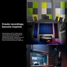 Load image into Gallery viewer, a collage of a room with a microphone and a mirror with text: 'Create recordings, become inspired. Increase privacy with our stylish panels. This is ideal for stop-treating production studios, practice rooms, or home entertainment centers. Invite and show off your nice modern spot to family and friends without disturbing your neighbors.'