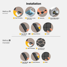 Load image into Gallery viewer, a diagram of a person installing a floor with text: 'Installation Method 1 - (Recommended) 1 Open Packaging 2 Soak foam in water 3 Wring Dry Put in dryer, medium for 3-5 min. heat for 20-25 min. 5 Tape 3M VHB OR 5 Spray Adhesive 6 Install to the back Method 2 (Not recommended in cold conditions) 1 Open Packaging 2 Let foam sit for 24 to 48 hours 3 Tape 3M VHB OR 3 Spray Adhesive 4 Install to the back'