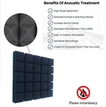 Load image into Gallery viewer, a close-up of a soundproof panel with text: 'Benefits Of Acoustic Treatment High Noise Reduction! Eliminate Echoes & Standing Waves! Increase Sound Clarity! Decrease Reverberation Time (rt60)! Easy To Install & Affordable! Get Better Recordings! Create An Enjoyable Room That You Love! Flame retardancy'