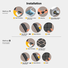 Load image into Gallery viewer, a diagram of a process of installing a rubber floor with text: &#39;Installation Method 1 - 000- (Recommended) 1 Open Packaging 2 Soak foam in water Wring Dry 4 Put in dryer, medium for 3-5 min heat for 20-25 min. 5 Tape 3M VHB OR Spray Adhesive 6 Install to the back Method 2 (Not recommended in cold conditions) Open Packaging 2 Let foam sit for 24 to 48 hours 3 Tape 3M VHB OR 3 Spray Adhesive 4 Install to the back&#39;
