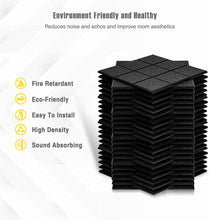 Load image into Gallery viewer, a stack of black square tiles with text: 'Environment Friendly and Healthy Reduces noise and echos and improve room aesthetics Fire Retardant Eco-Friendly Easy To Install High Density Sound Absorbing'