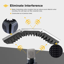 Load image into Gallery viewer, a microphone with foamy foams with text: 'Eliminate Interference Made of absorbing cotton insulation that can reduce sound reflection when recording, the outer layer can filter unwanted noise. Constructed out of premium steel. - ---'