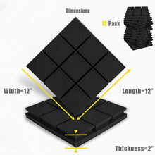 Load image into Gallery viewer, a black square shaped object with text with text: 'Dimensions 12 Pack Width=12" Length=12" Thickness=2"'