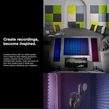 Load image into Gallery viewer, a room with a microphone and a table with text: 'Create recordings, become inspired. Increase privacy with our stylish panels. This is ideal for stop-treating production studios, practice rooms, or home entertainment centers. Invite and show off your nice modern spot to family and friends without disturbing your neighbors.'