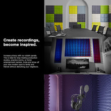 Load image into Gallery viewer, a screenshot of a room with a microphone and a table with text: &#39;Create recordings, become inspired. Increase privacy with our stylish panels. This is ideal for stop-treating production studios, practice rooms, or home entertainment centers. Invite and show off your nice modern spot to family and friends without disturbing your neighbors.&#39;
