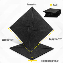Load image into Gallery viewer, a black square shaped object with different sizes with text: 'Dimensions 12 Pack Width=12" Length=12" --- Thickness=0.4"'