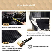 Load image into Gallery viewer, a collage of instructions and pictures of a car with text: 'How to install? Step MEASURE THE APPLICATION AREA Recommended Install Locations: Doors, Floor, Firewall, Trunk, Roof, and Hood Step2 CUT, PEEL, AND STICK. USE GLOVES WHILE HANDLING CREATE A STRONG BOND BY ADDING PRESSURE WITH A HAND ROLLER'