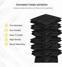 Load image into Gallery viewer, a stack of black square objects with text: &#39;Environment Friendly and Healthy Reduces noise and echos and improve room aesthetics Fire Retardant Eco-Friendly Easy To Install High Density Sound Absorbing&#39;
