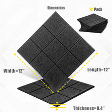 Load image into Gallery viewer, a black square with different sizes and sizes with text: 'Dimensions 12 Pack Width=12" Length=12" Thickness=0.4"'