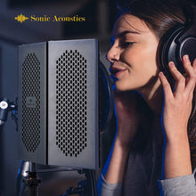 Load image into Gallery viewer, a person wearing headphones and singing into a microphone with text: '4 Sonic Acoustics'