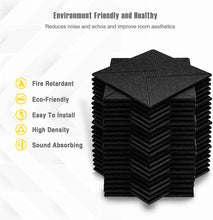 Load image into Gallery viewer, a stack of black tiles with text: 'Environment Friendly and Healthy Reduces noise and echos and improve room aesthetics Fire Retardant Eco-Friendly Easy To Install High Density Sound Absorbing'