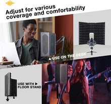 Load image into Gallery viewer, a collage of images of people playing instruments with text: 'Adjust for various coverage and comfortability USE ON THE DESK USE WITH FLOOR STAND'