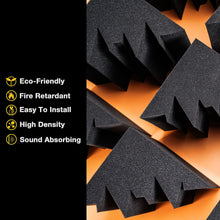 Load image into Gallery viewer, a black foamy foam blocks with text: 'Eco-Friendly Fire Retardant Easy To Install High Density Sound Absorbing'