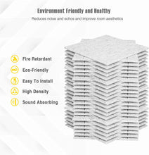 Load image into Gallery viewer, a stack of white tiles with text: 'Environment Friendly and Healthy Reduces noise and echos and improve room aesthetics Fire Retardant Eco-Friendly Easy To Install High Density Sound Absorbing'