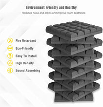 Load image into Gallery viewer, a stack of black bricks with text: 'Environment Friendly and Healthy Reduces noise and echos and improve room aesthetics Fire Retardant Eco-Friendly Easy To Install High Density Sound Absorbing'