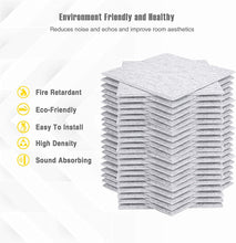 Load image into Gallery viewer, a stack of white tiles with text: 'Environment Friendly and Healthy Reduces noise and echos and improve room aesthetics Fire Retardant Eco-Friendly Easy To Install High Density Sound Absorbing'