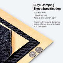 Load image into Gallery viewer, a sheet speckled with a black leather and a gold edge with text: &#39;Butyl Damping Sheet Specification SIZE: 12 20 IN THICKNESS: 2MM WEIGHS: 0.70 LBS PER SQ FT You can cut the sound dampening mats in different sizes and shapes to fit your needs.&#39;
