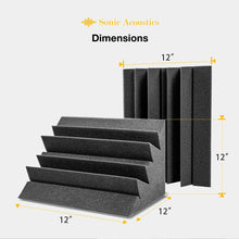 Load image into Gallery viewer, a black foamed sound proofing panels with text: 'Sonic Acoustics Dimensions 12" 12" 12" 12"'