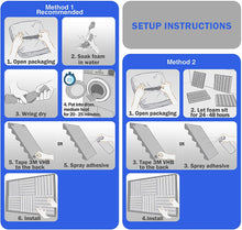Load image into Gallery viewer, instructions for a step-by-step installation with text: 'Method 1 Recommended SETUP INSTRUCTIONS 1. Open packaging 2. Soak foam in water Method 2 25 4. Put into dryer, 3. Wring dry medium heat 1. Open packaging 2. Let foam sit for 20 - 25 minutes. for 24- 48 hours OR OR 5. Tape 3M VHB 3. Tape 3M VHB to the back 5. Spray adhesive to the back 3. Spray adhesive 6. Install 4.Install'