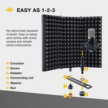 Load image into Gallery viewer, a black microphone with black parts with text: 'EASY AS 1-2-3 No extra tools required to build. Easy to setup and comes with some screws and simple photo instructions. 1 Crossbar 2 Screw 3 Adapter Connecting rod 1 5 5 Washer 6 Nut 2 3'