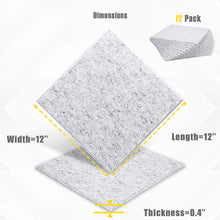 Load image into Gallery viewer, a white square with a few square pieces of paper with text: 'Dimensions 12 Pack Width=12" Length=12" Thickness=0.4"'