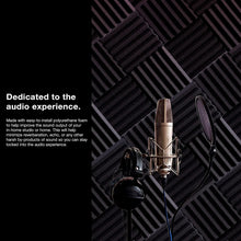 Load image into Gallery viewer, a microphone and headphones on a stand with text: 'Dedicated to the audio experience. Made with easy-to-install polyurethane foam to help improve the sound output of your in-home studio or home. This will help minimize reverberation, echo, or any other harsh by-products of sound so you can stay locked into the audio experience.'