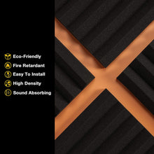 Load image into Gallery viewer, a black foam with yellow text with text: 'Eco-Friendly Fire Retardant Easy To Install High Density Sound Absorbing'