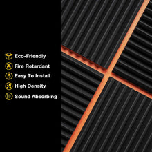 Load image into Gallery viewer, a close up of a black panel with text: 'Eco-Friendly Fire Retardant Easy To Install High Density Sound Absorbing'