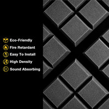 Load image into Gallery viewer, a close up of a black and white background with text: &#39;Eco-Friendly Fire Retardant Easy To Install High Density Sound Absorbing&#39;
