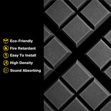 Load image into Gallery viewer, a close up of a black and white background with text: 'Eco-Friendly Fire Retardant Easy To Install High Density Sound Absorbing'