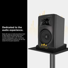 Load image into Gallery viewer, a black speaker on a stand with text: 'Dedicated to the audio experience. Made with easy-to-install polyurethane foam to help improve the sound output of your in-home studio or home. This will help minimize reverberation, echo, or any other by-products of sound so you can stay locked into the audio experience.'