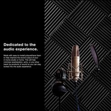 Load image into Gallery viewer, a microphone and headphones on a stand with text: 'Dedicated to the audio experience. Made with easy-to-install polyurethane foam to help improve the sound output of your in-home studio or home. This will help minimize reverberation, echo, or any other harsh by-products of sound so you can stay locked into the audio experience.'
