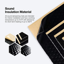 Load image into Gallery viewer, a close-up of a black and gold material with text: &#39;Sound Insulation Material All sound dampening mats are intended for interior installation and has a working temperature up to with allowance for short term heating of up to&#39;
