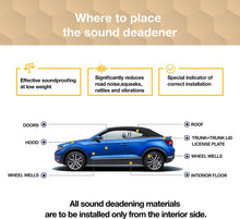 Load image into Gallery viewer, a blue car with yellow text with text: &#39;Where to place the sound deadener Effective soundproofing Significantly reduces Special indicator of at low weight road noise,squeaks, correct installation rattles and vibrations DOORS O ROOF HOOD TRUNK+TRUNK LID LICENSE PLATE WHEEL WELLS WHEEL WELLS O INTERIOR FLOOR All sound deadening materials are to be installed only from the interior side.&#39;
