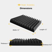 Load image into Gallery viewer, a black sound proofing foam with text: &#39;Sonic Acoustics Dimensions Width=12&quot; Length=12&quot; Thickness=1&quot; Thickness=0.5&#39;
