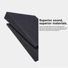 Load image into Gallery viewer, a black foam material with white text with text: &#39;Superior sound, superior materials. Made up of polyurethane foam at 50/lbs per cubic yard, our acoustic panels not only have effective sound absorption characteristics, they were designed by our team of eco conscious sound engineers.&#39;

