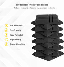 Load image into Gallery viewer, a stack of black foamy objects with text: &#39;Environment Friendly and Healthy Reduces noise and echos and improve room aesthetics Fire Retardant Eco-Friendly Easy To Install High Density Sound Absorbing&#39;
